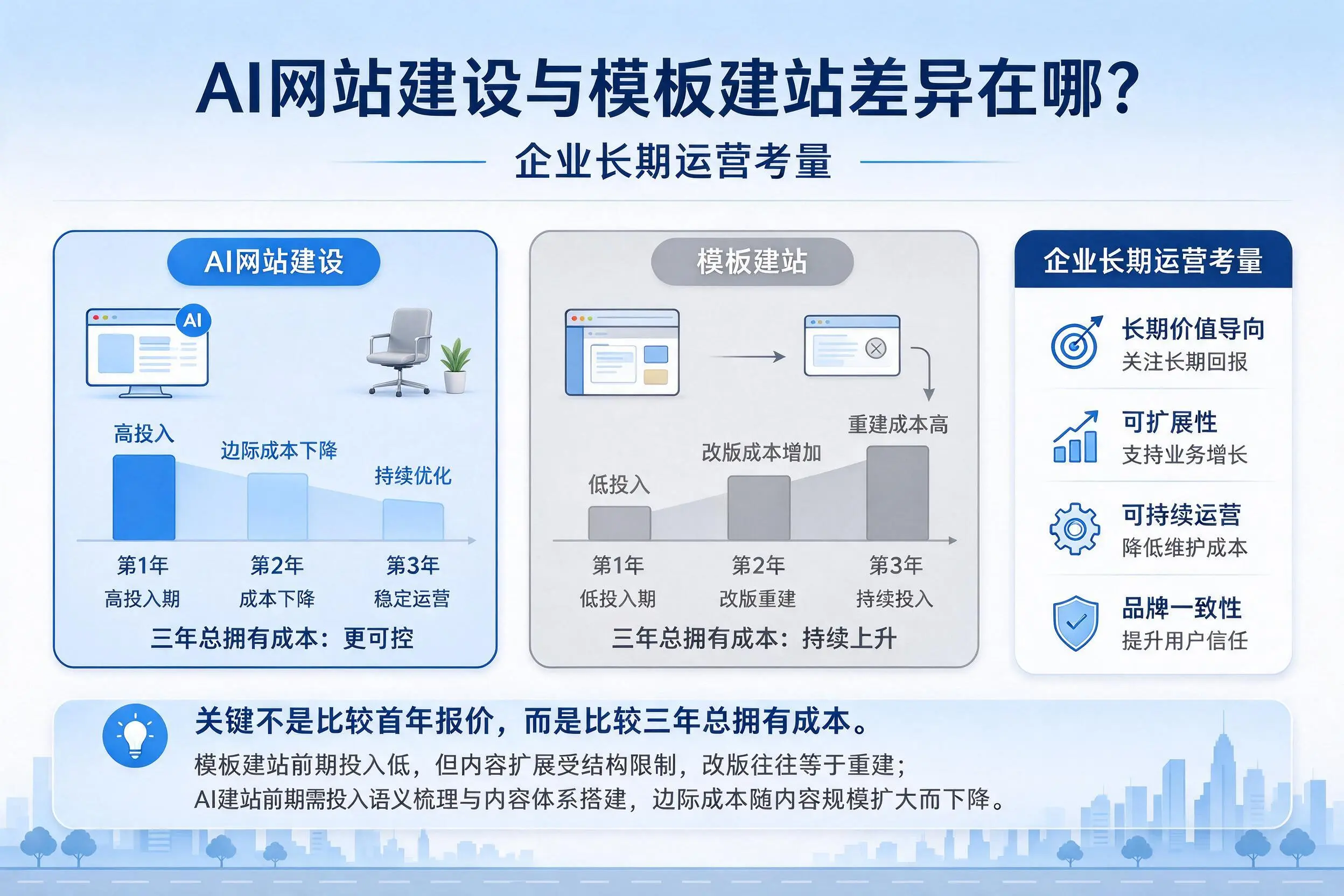 AI网站建设与模板建站差异在哪?铜陵企业长期运营考量